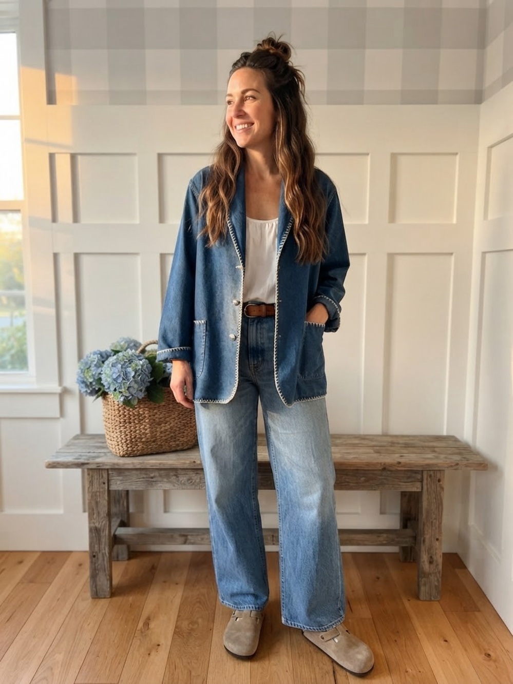 Western Vintage Denim Blazer Jacket in Medium Blue XL